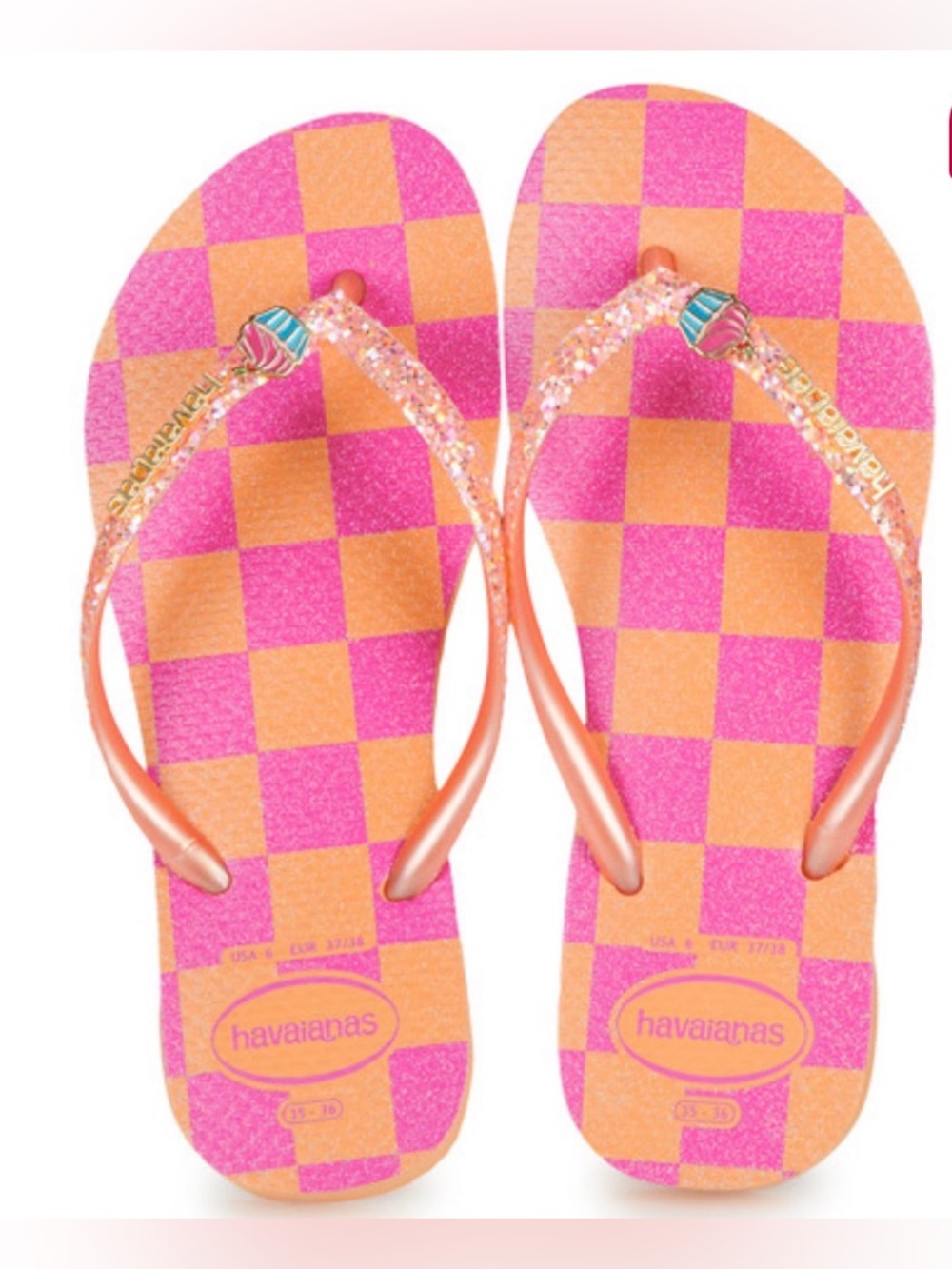 Havaianas Orange and Pink Checkerboard Flip Flops with Gold Glitter Straps. 3/4